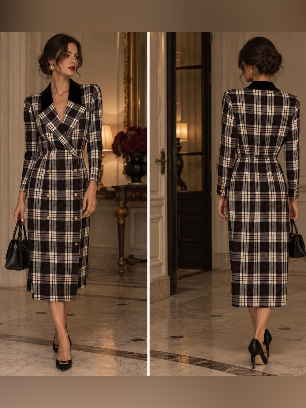 Vintage Connections Plaid Double-Breasted Blazer Dress – Midi Length